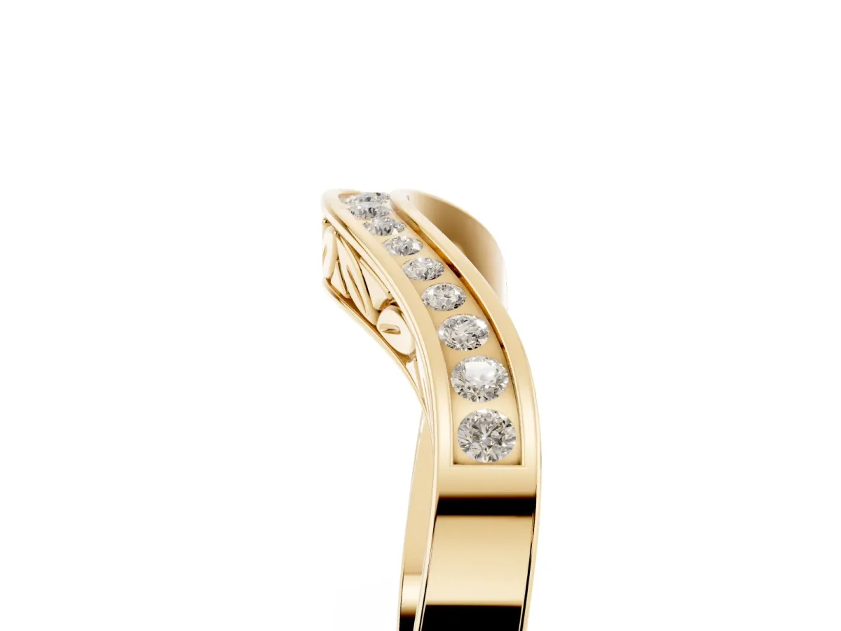 Round Cut Channel Set Wave Band with Pavé Setting Yellow gold