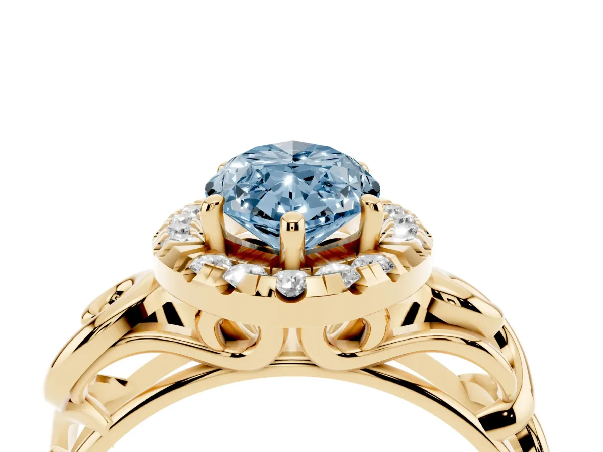 Fancy Blue Marquise Cut Cut Halo Diamond Ring with Scrollwork Band and Four-Prong Setting Yellow gold