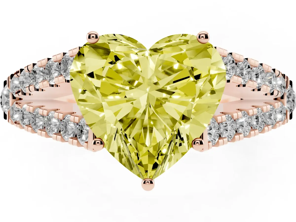 Fancy Yellow Heart Cut Diamond Split Shank Pavé Engagement Ring with Four-Prong Setting Rose gold