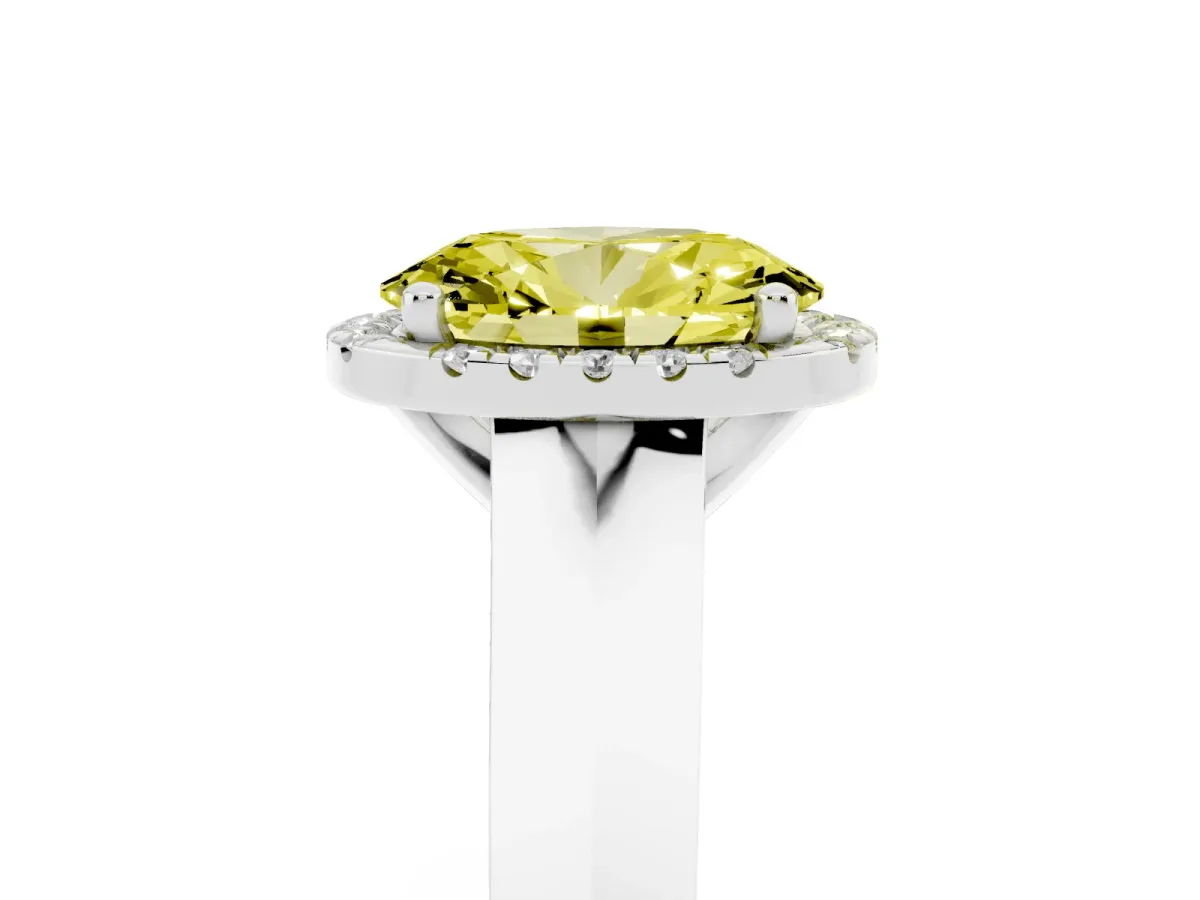 Fancy Yellow Oval Cut Halo Diamond Ring with Cathedral Band and Four-Prong Setting Platinum
