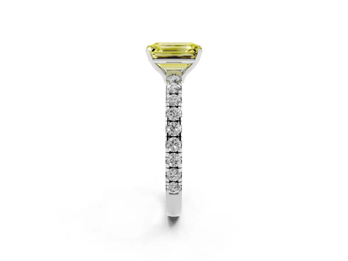 Fancy Yellow Emerald Cut Diamond Pavé Solitaire Engagement Ring with Four-Prong Setting Silver