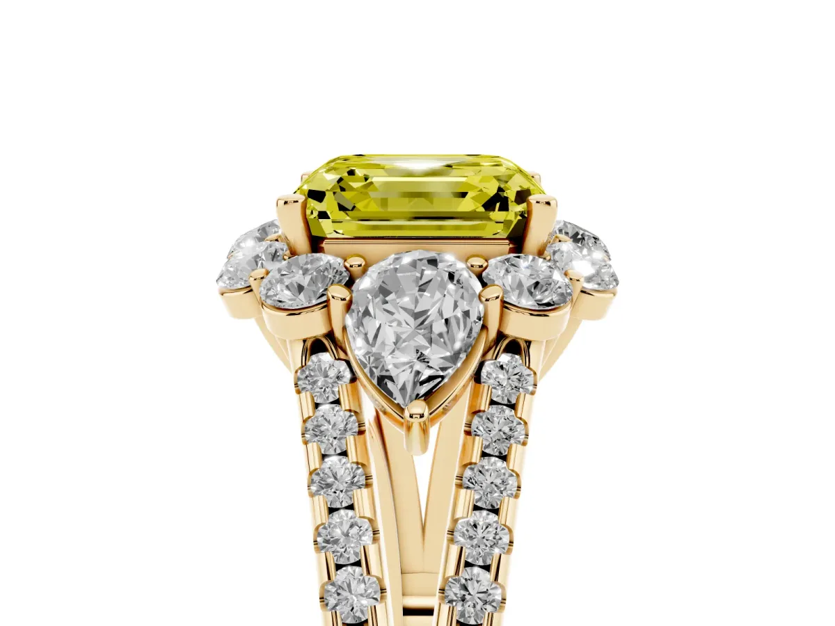 Fancy Yellow Asscher Cut Halo Split Shank Diamond Engagement Ring with Prong Setting Yellow gold