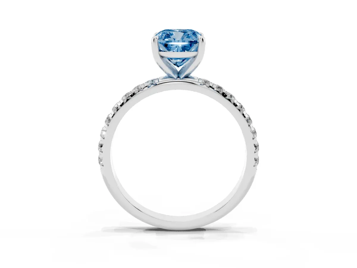 Fancy Blue Cushion Cut Cut Diamond Solitaire Ring with Micro Pave Band and Four Prong Setting Silver