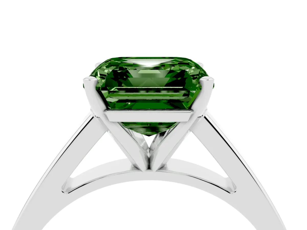 Fancy Green Asscher Cut Solitaire Engagement Ring with Four-Prong Setting and Tapered Band Silver