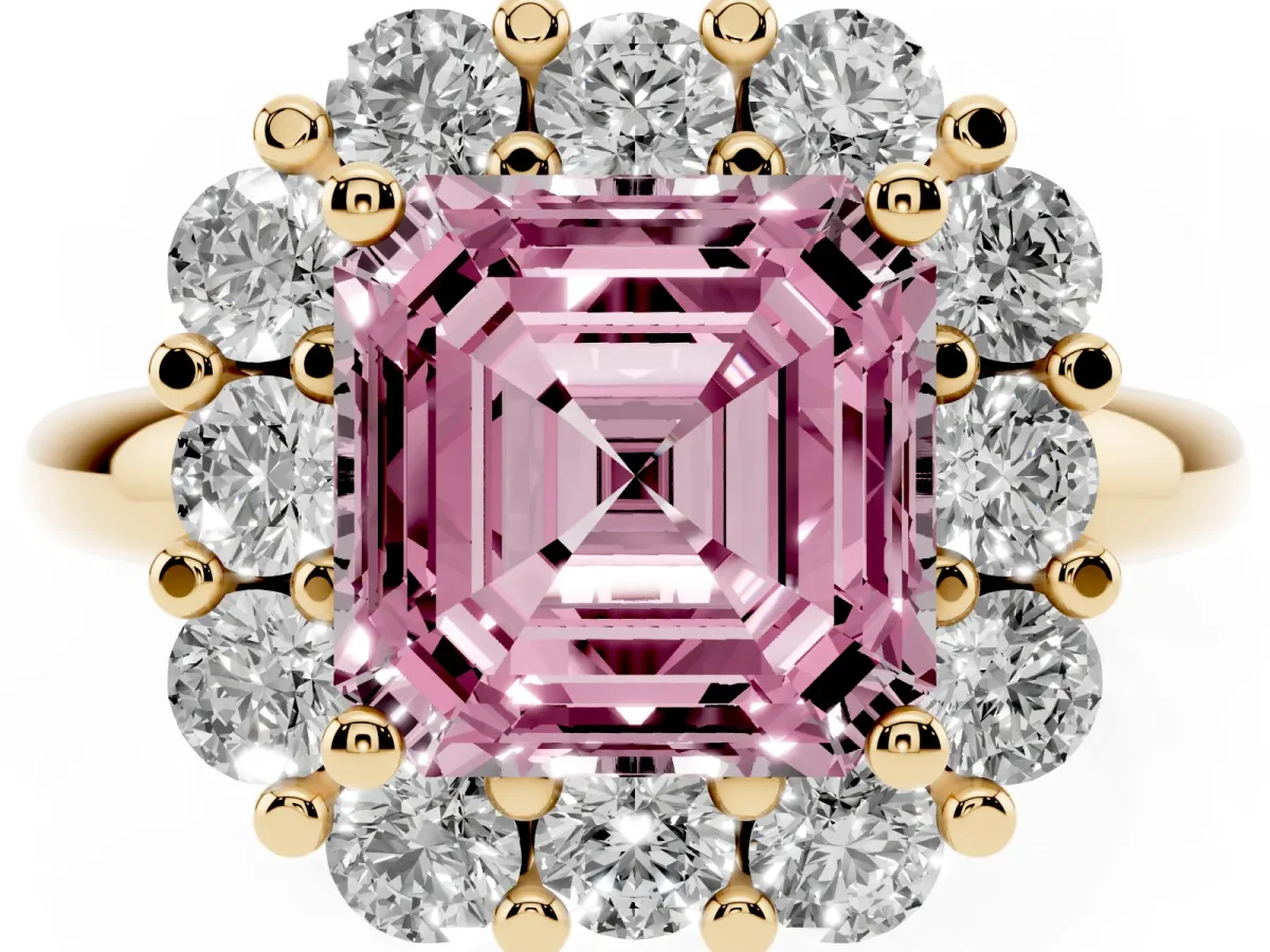 Fancy Pink Asscher Cut Halo Cluster Diamond Engagement Ring with Prong Setting and Polished Band Yellow gold