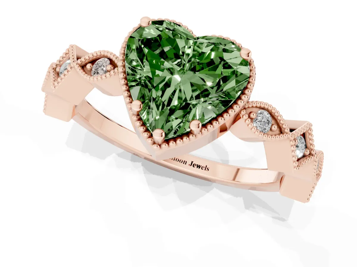 Fancy Green Heart Cut Milgrain Marquise Diamond Twist Band Ring Rose gold