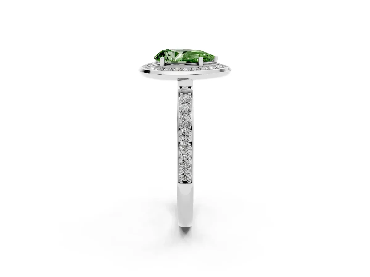 Fancy Green Pear Cut Diamond Halo Ring with Bezel Frame and Pavé Band Silver