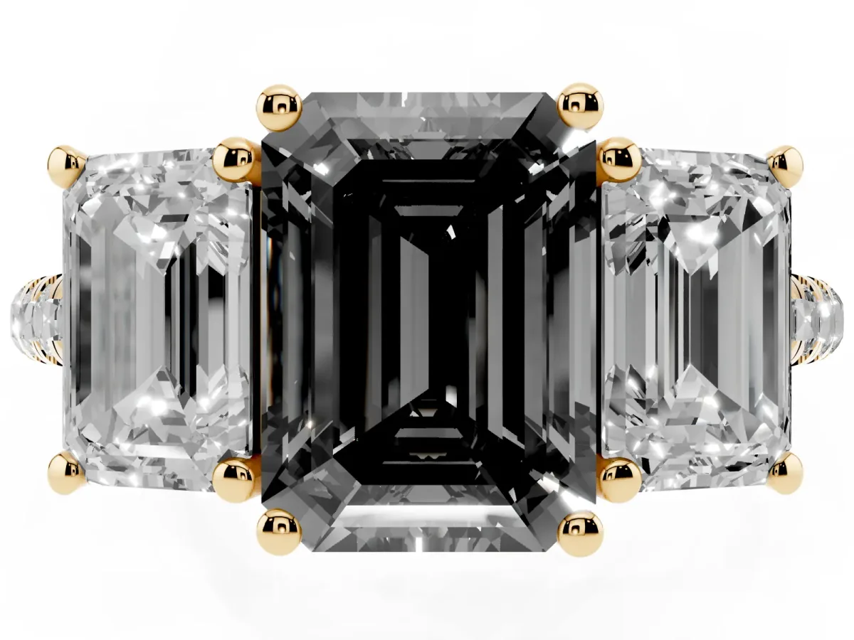 Fancy Black Three-Stone Emerald Cut Diamond Ring with Round Pavé Band and Prong Setting Yellow gold