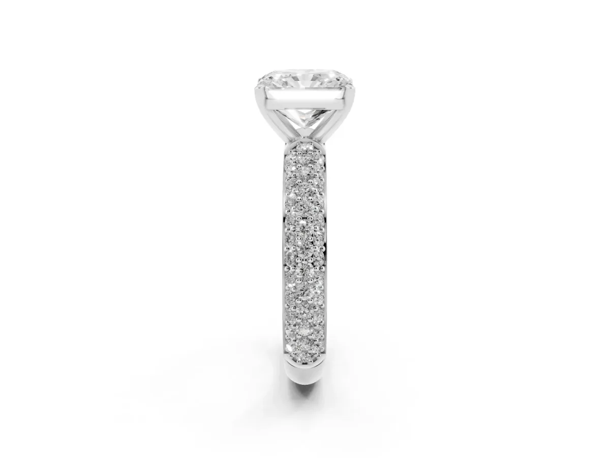 Radiant Cut Diamond Solitaire Ring with Prong Setting and Pavé Band Platinum