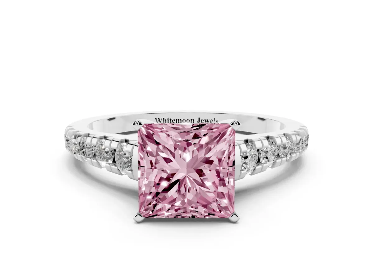 Fancy Pink Princess Cut Diamond Cathedral Solitaire Ring with Round Pavé Band Silver