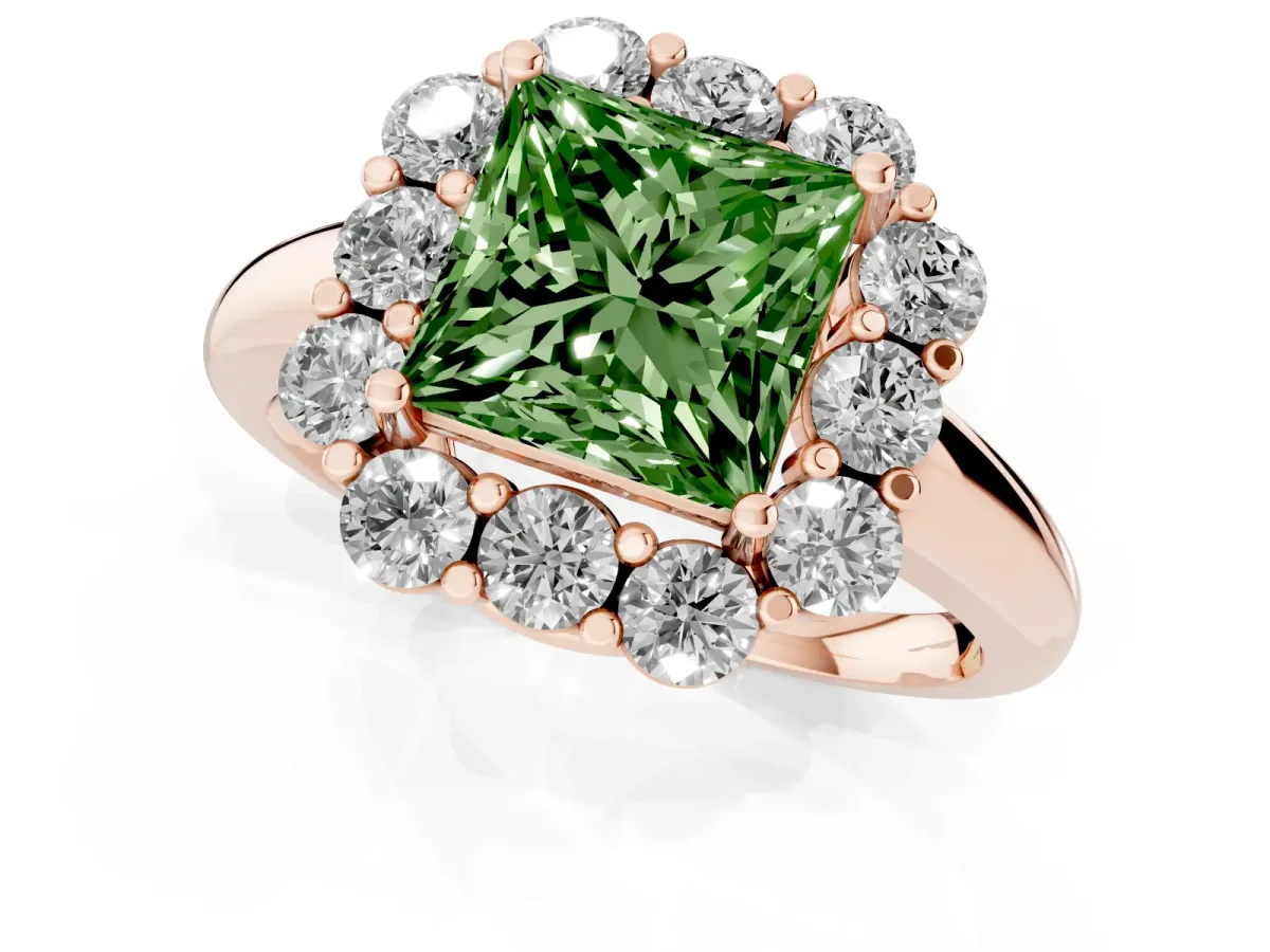 Fancy Green Princess Cut Halo Milgrain Solitaire with Bezel Set Side Stones and Pave Band Rose gold