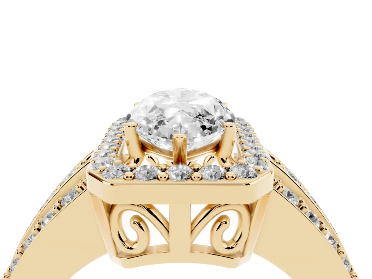 Marquise Cut Halo Diamond Ring with Round Split Shank and Prong Setting Yellow gold