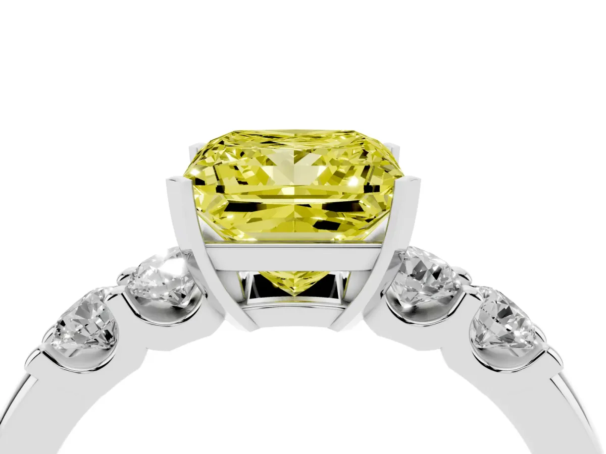 Fancy Yellow Princess Cut Brilliant Cut Diamond Five-Stone Prong Set Engagement Ring with Channel Band White gold