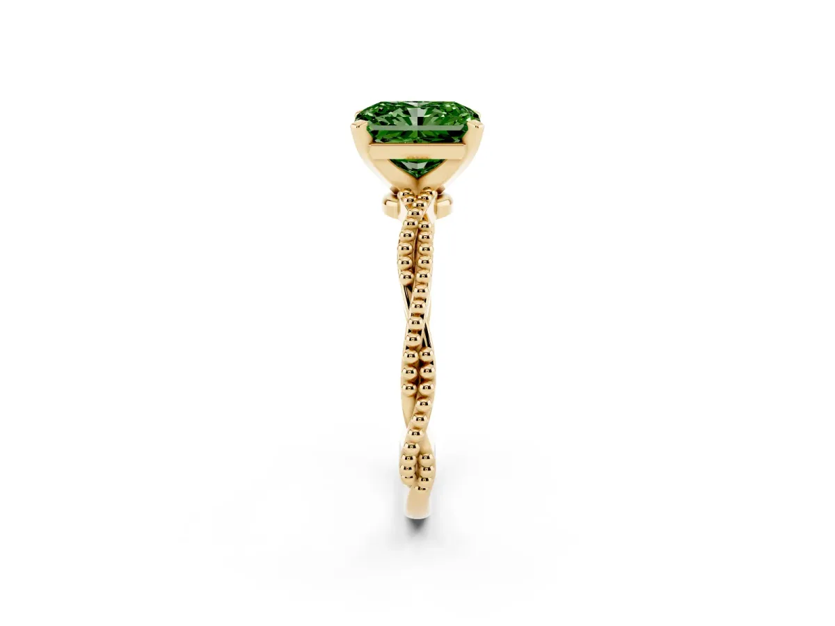 Fancy Green Radiant Cut Solitaire Twisted Band with Bead Prong Setting Yellow gold