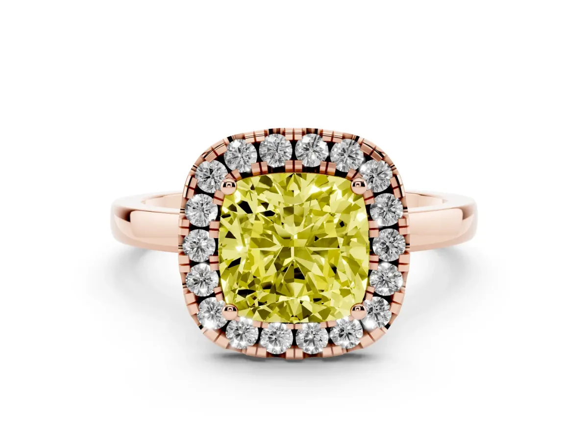 Fancy Yellow Cushion Cut Halo Diamond Solitaire with Pavé Band and Four-Prong Setting Rose gold