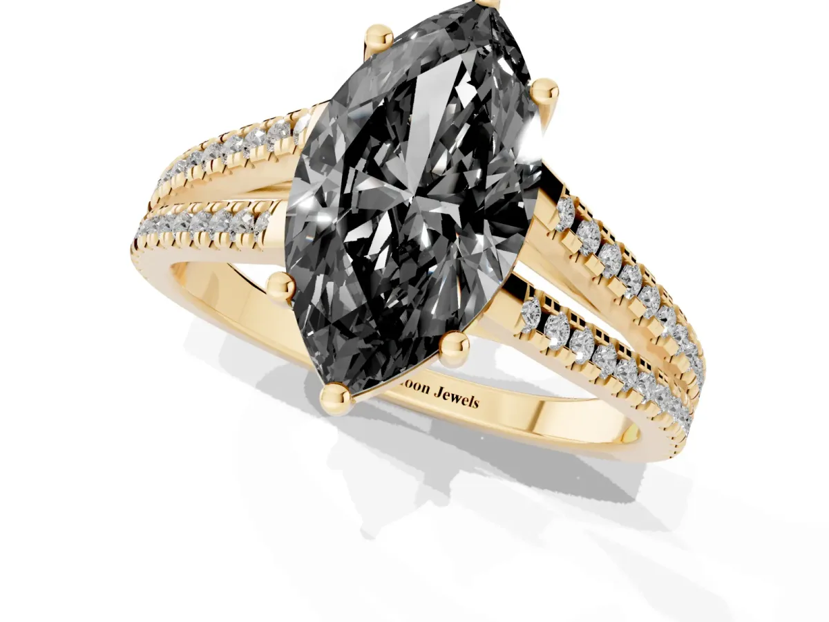 Fancy Black Marquise Cut Diamond Solitaire Engagement Ring with Split Shank Pavé Band Yellow gold