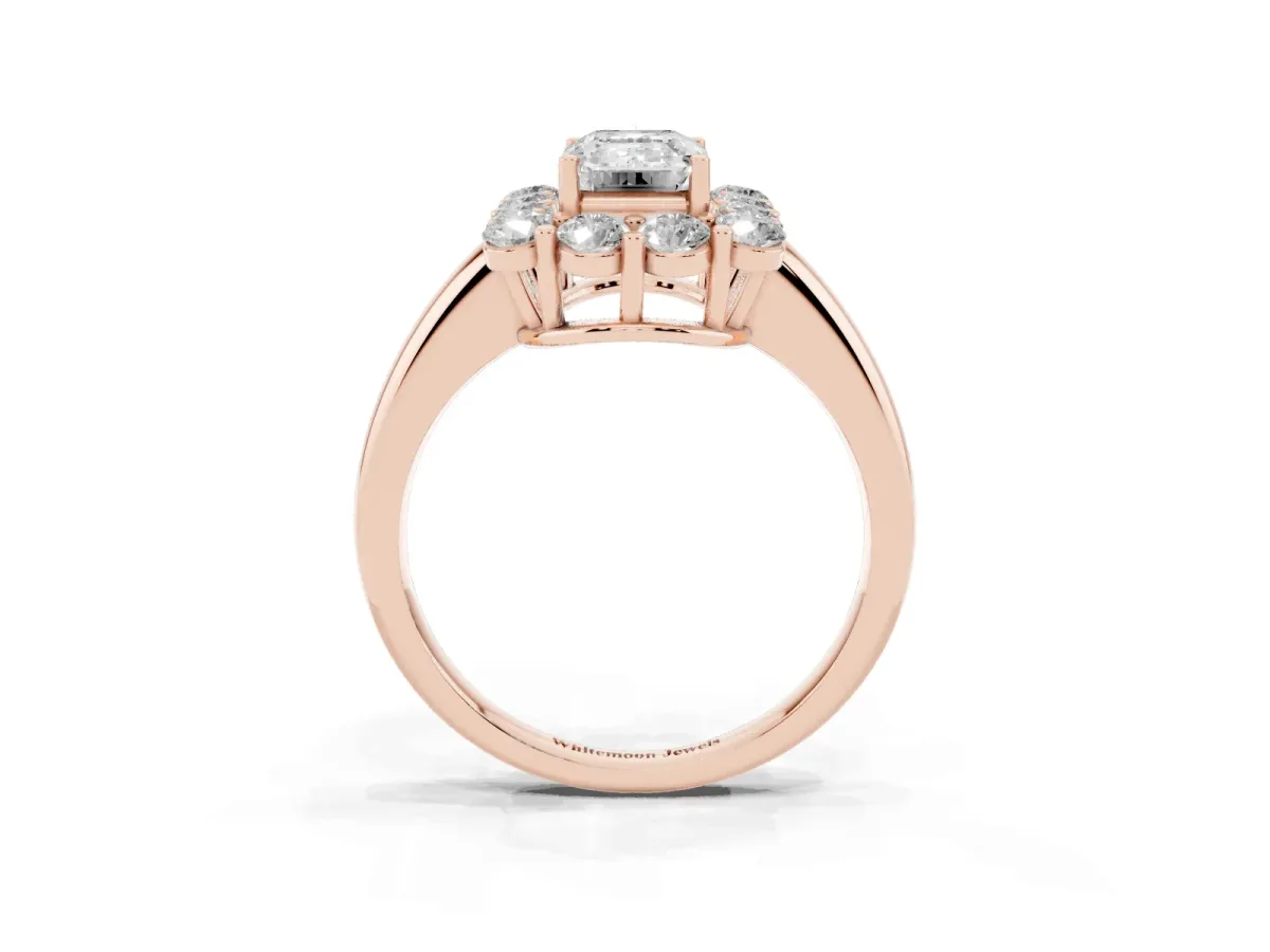 Emerald Cut Halo Cluster Diamond Engagement Ring with Prong Setting and Polished Band Rose gold