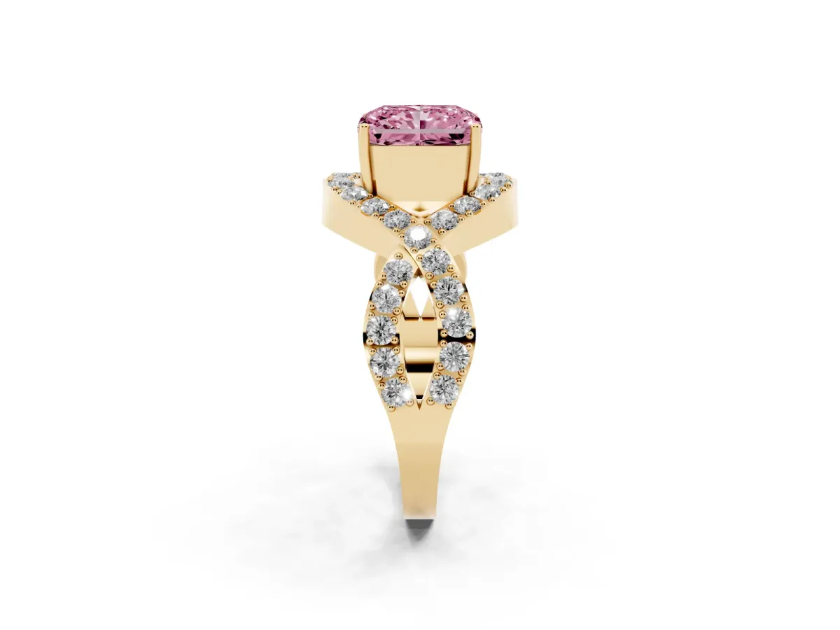 Fancy Pink Radiant Cut Solitaire Twist Band Pavé Diamond Engagement Ring Yellow gold