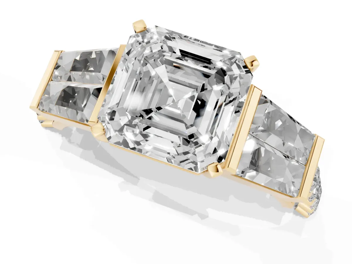 Asscher Cut Diamond Engagement Ring with Baguette Side Stones and Channel Set Band Yellow gold