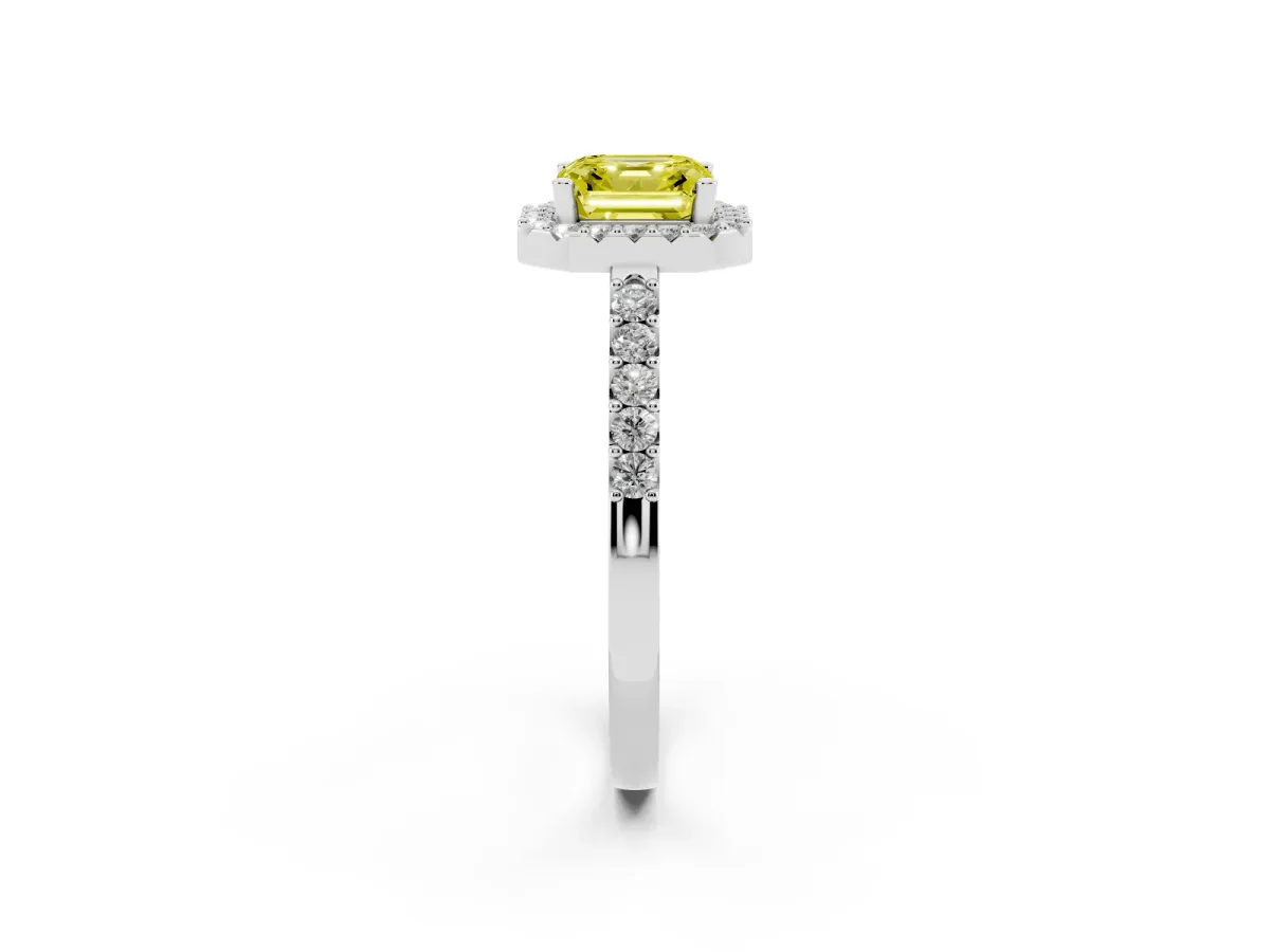 Fancy Yellow Asscher Cut Halo Diamond Pavé Solitaire Ring Platinum