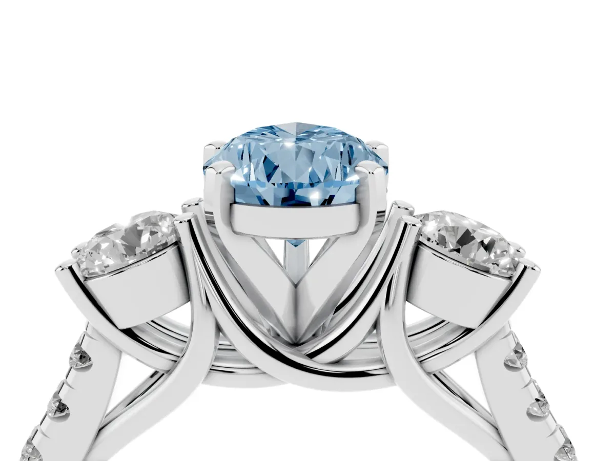 Fancy Blue Three-Stone Pear Cut Diamond Pavé Band with Four-Prong Setting Platinum