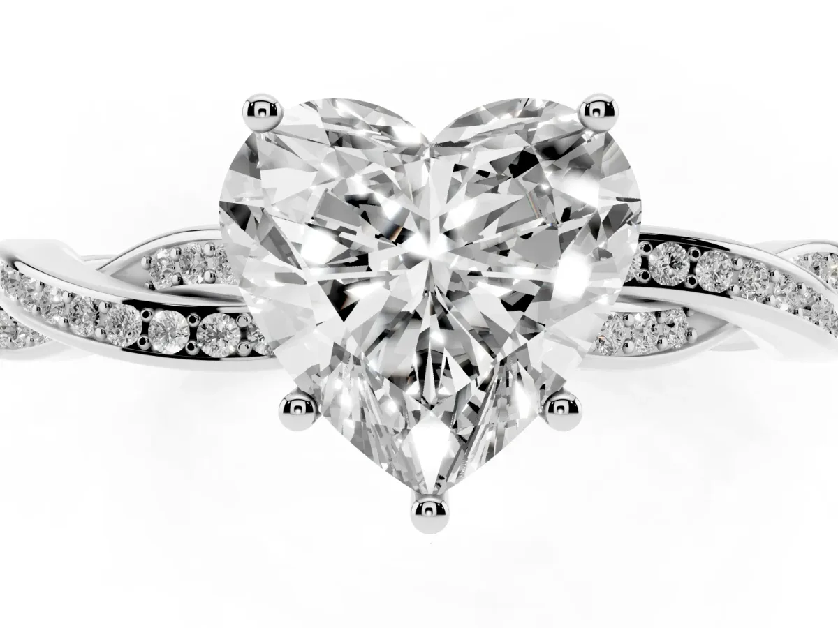 Heart Cut Solitaire Twisted Pave Diamond Ring with Four-Prong Setting Platinum
