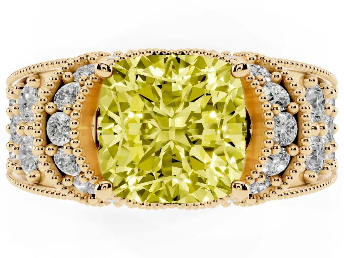 Fancy Yellow Cushion Cut Halo Pave Diamond Engagement Ring with Milgrain Detailing Yellow gold