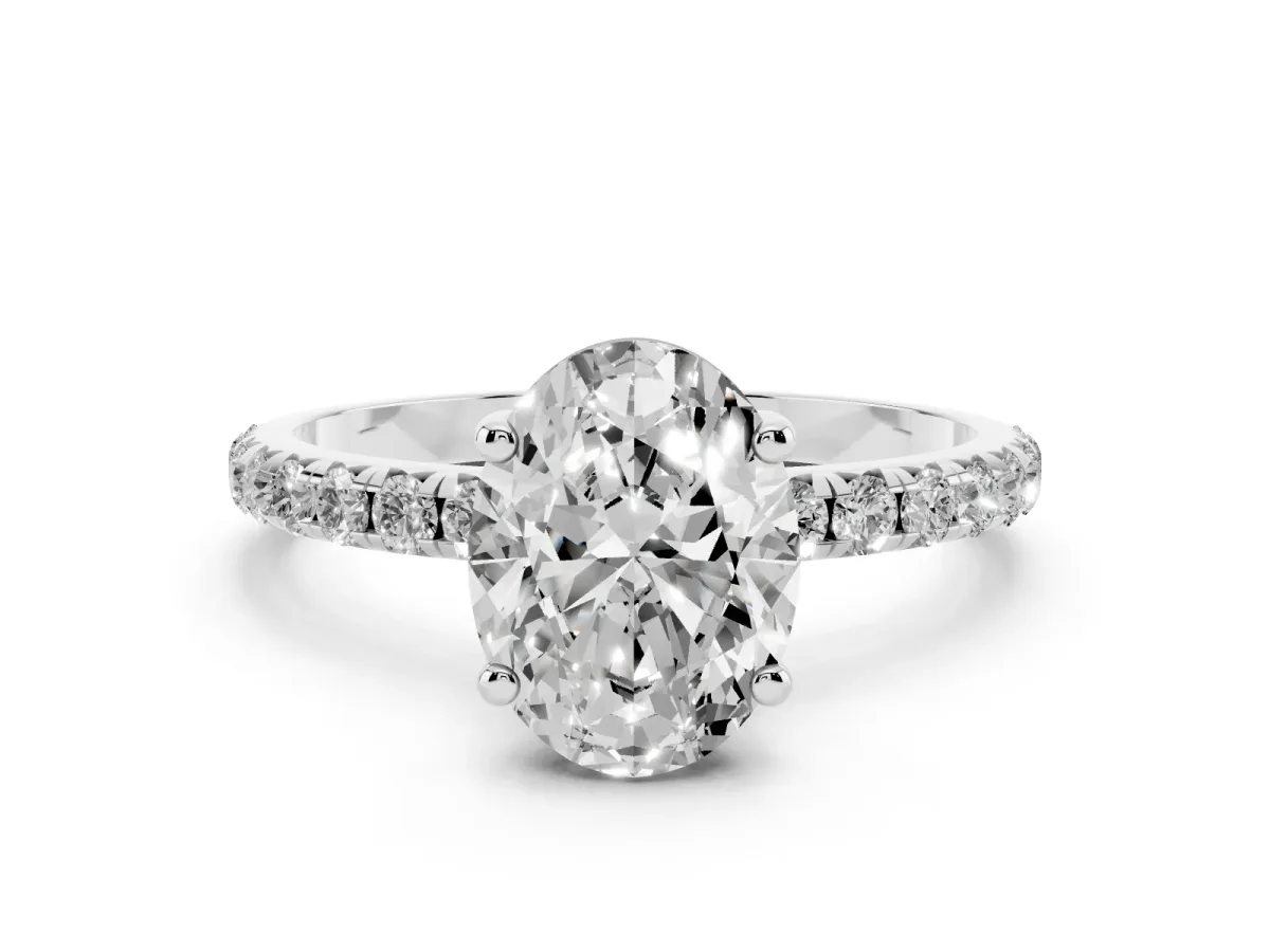 Oval Cut Cut Diamond Solitaire Ring with Micro Pave Band and Four Prong Setting White gold