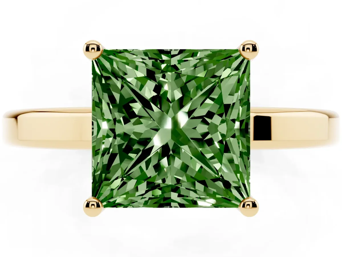 Fancy Green Princess Cut Cut Solitaire Engagement Ring with Four-Prong Setting on a Classic Band Yellow gold