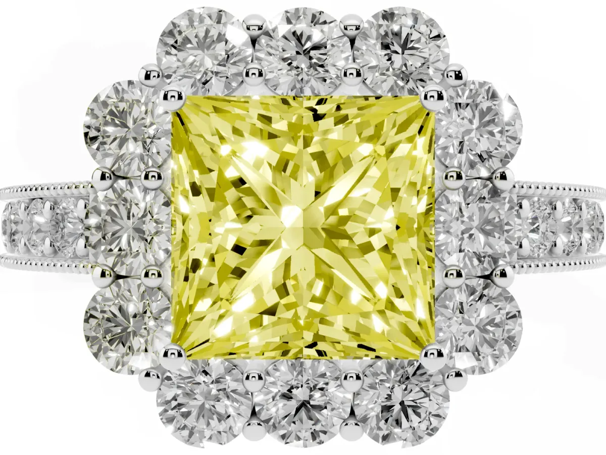 Fancy Yellow Princess Cut Cut Halo Diamond Pavé Engagement Ring with Milgrain Detailing White gold