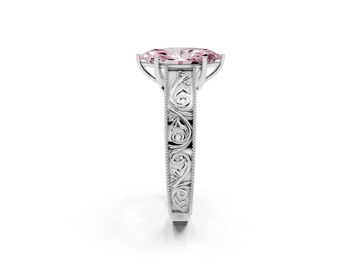 Fancy Pink Marquise Cut Diamond Solitaire Ring with Engraved Band and Four-Prong Setting White gold