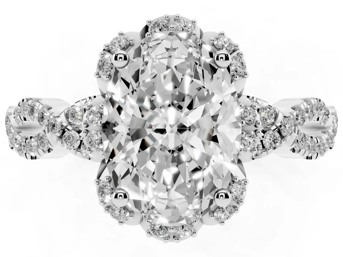 Oval Cut Halo Twist Band Solitaire Ring with Six-Prong Setting Platinum