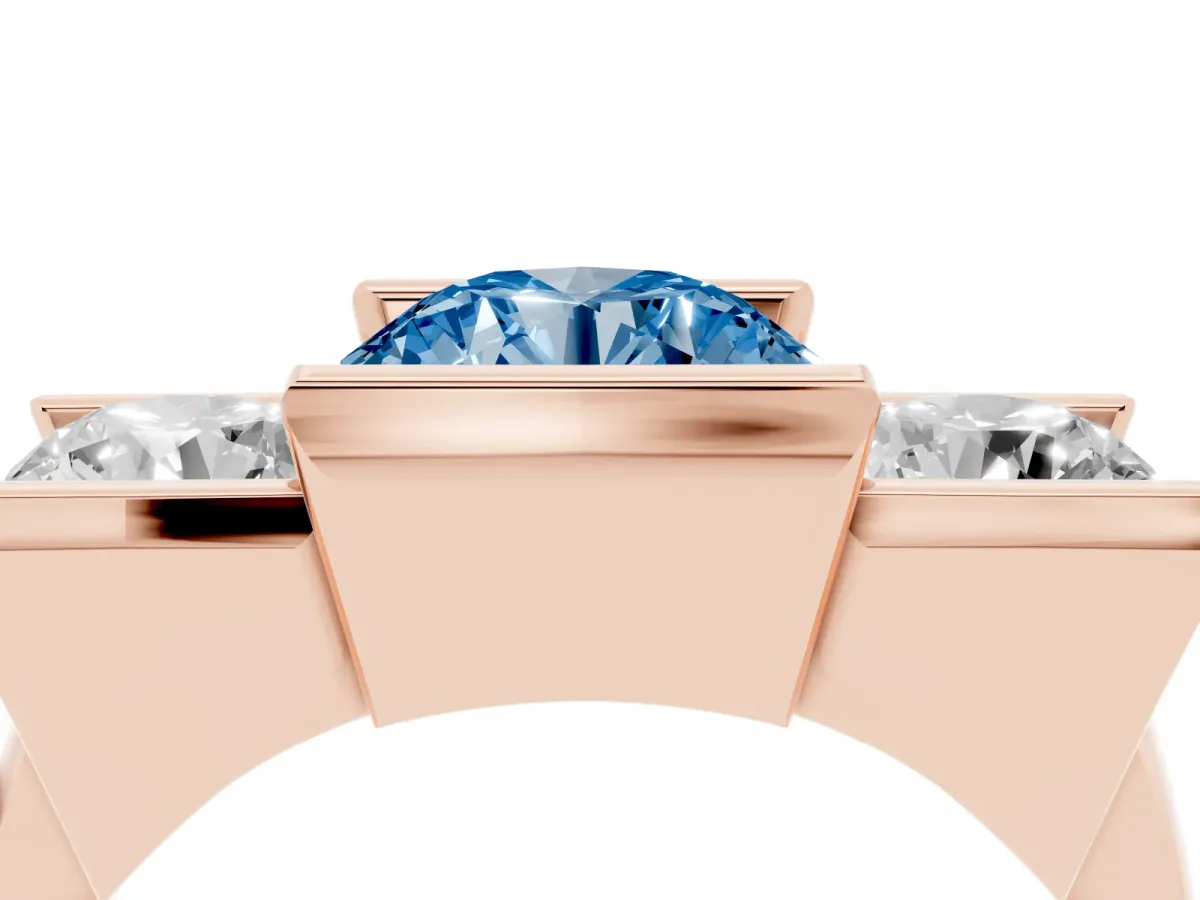 Fancy Blue Three Stone Round Cut Cut Channel Set Diamond Ring Rose gold