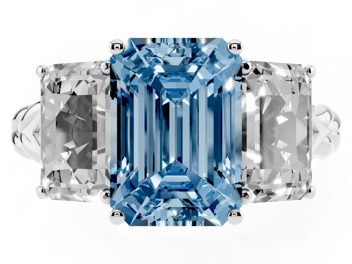 Fancy Blue Three-Stone Emerald Cut Diamond Braided Band Ring with Four-Prong Setting Platinum