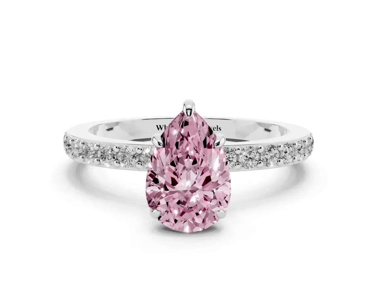Fancy Pink Pear Cut Diamond Pavé Engagement Ring with Round Accents and Prong Setting Platinum