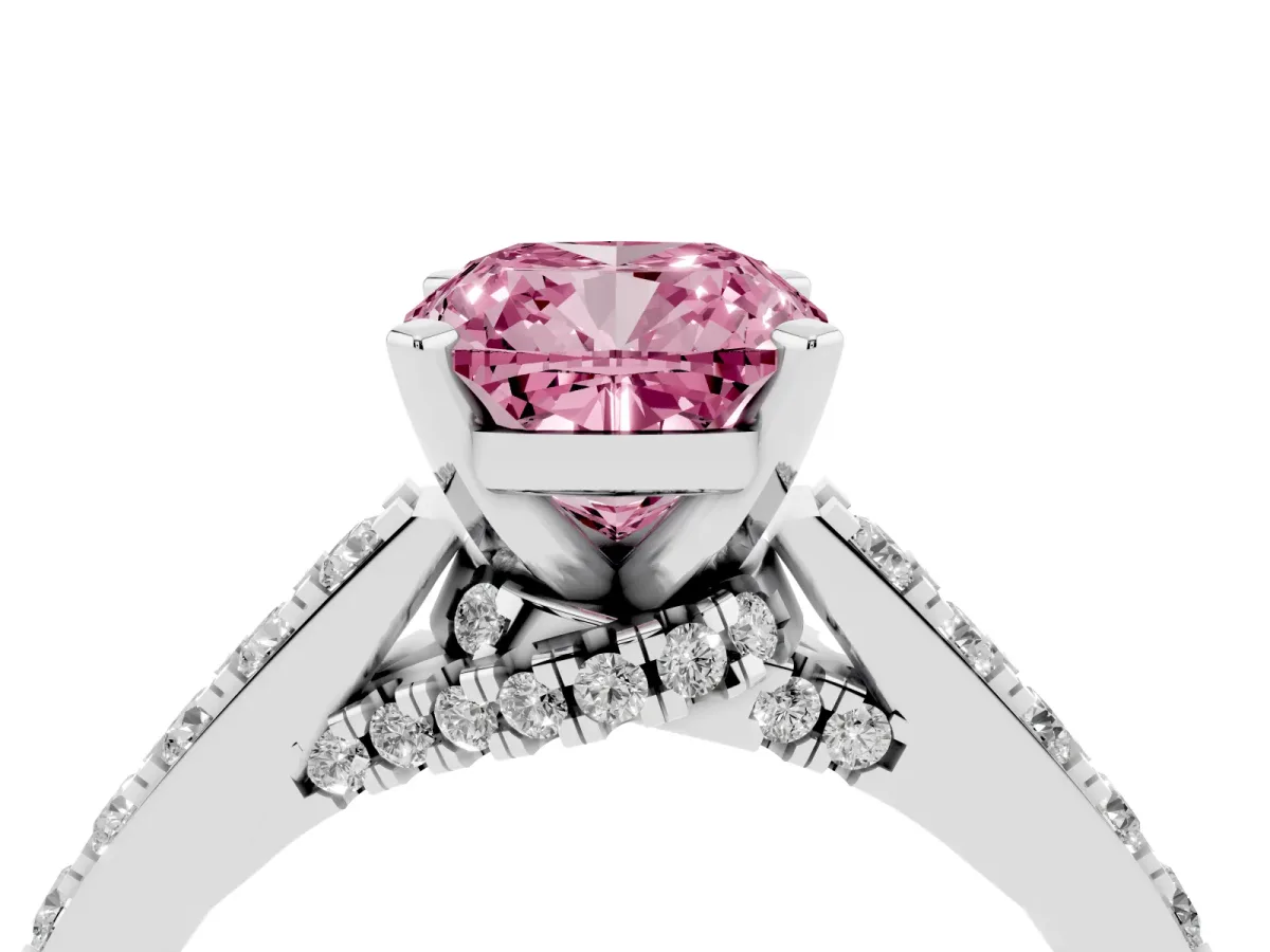 Fancy Pink Cushion Cut Diamond Solitaire Ring with Crossover Gallery and Round Pavé Band White gold