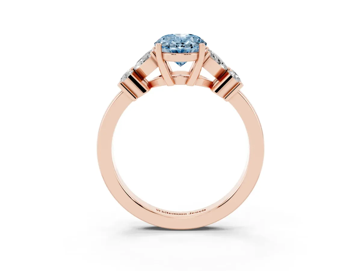 Fancy Blue Oval Cut Diamond Floral Cluster Ring with Solitaire Band and Prong Setting Rose gold