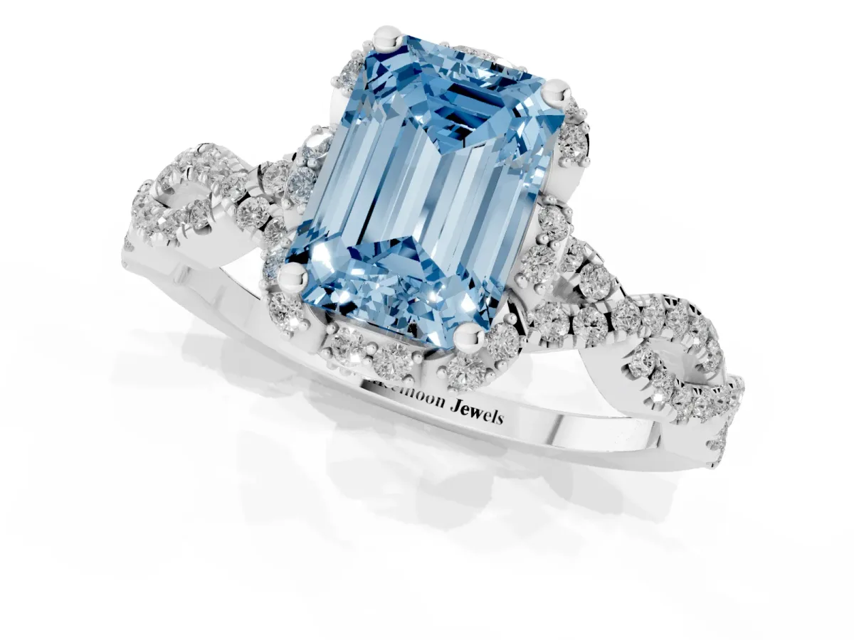 Fancy Blue Emerald Cut Halo Twist Band Solitaire Ring with Six-Prong Setting Silver