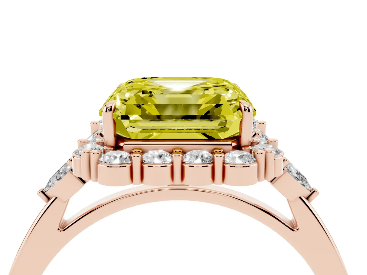 Fancy Yellow Asscher Cut Diamond Halo Ring with Pear Side Stones and Prong Setting Rose gold