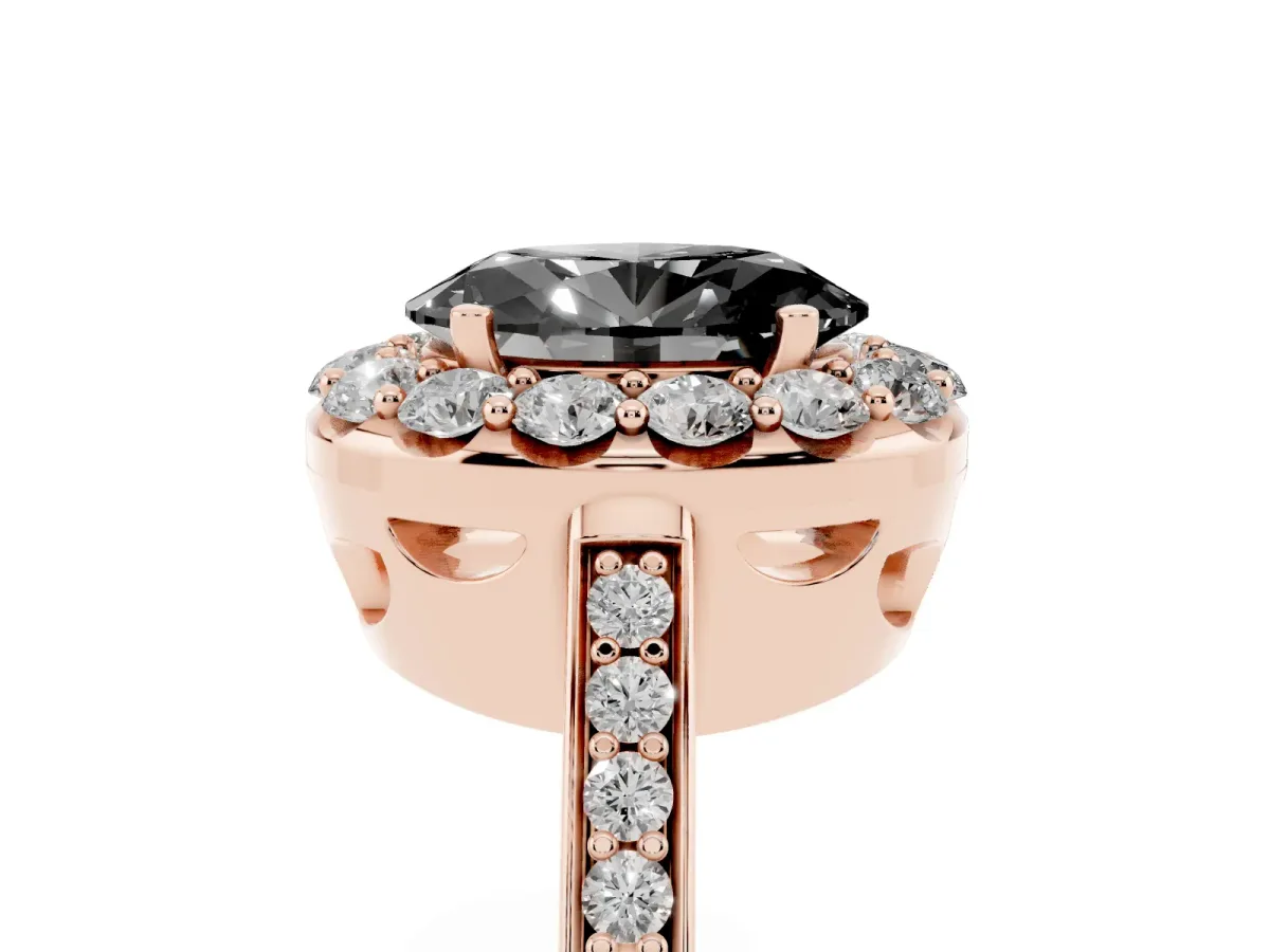 Fancy Black Oval Cut Diamond Floral Halo Ring with Pavé Band and Prong Setting Rose gold