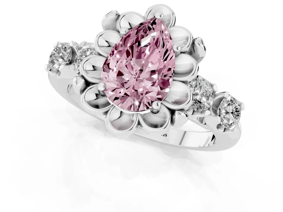 Fancy Pink Pear Cut Cut Diamond Floral Halo Engagement Ring with Shared Prong Setting Silver