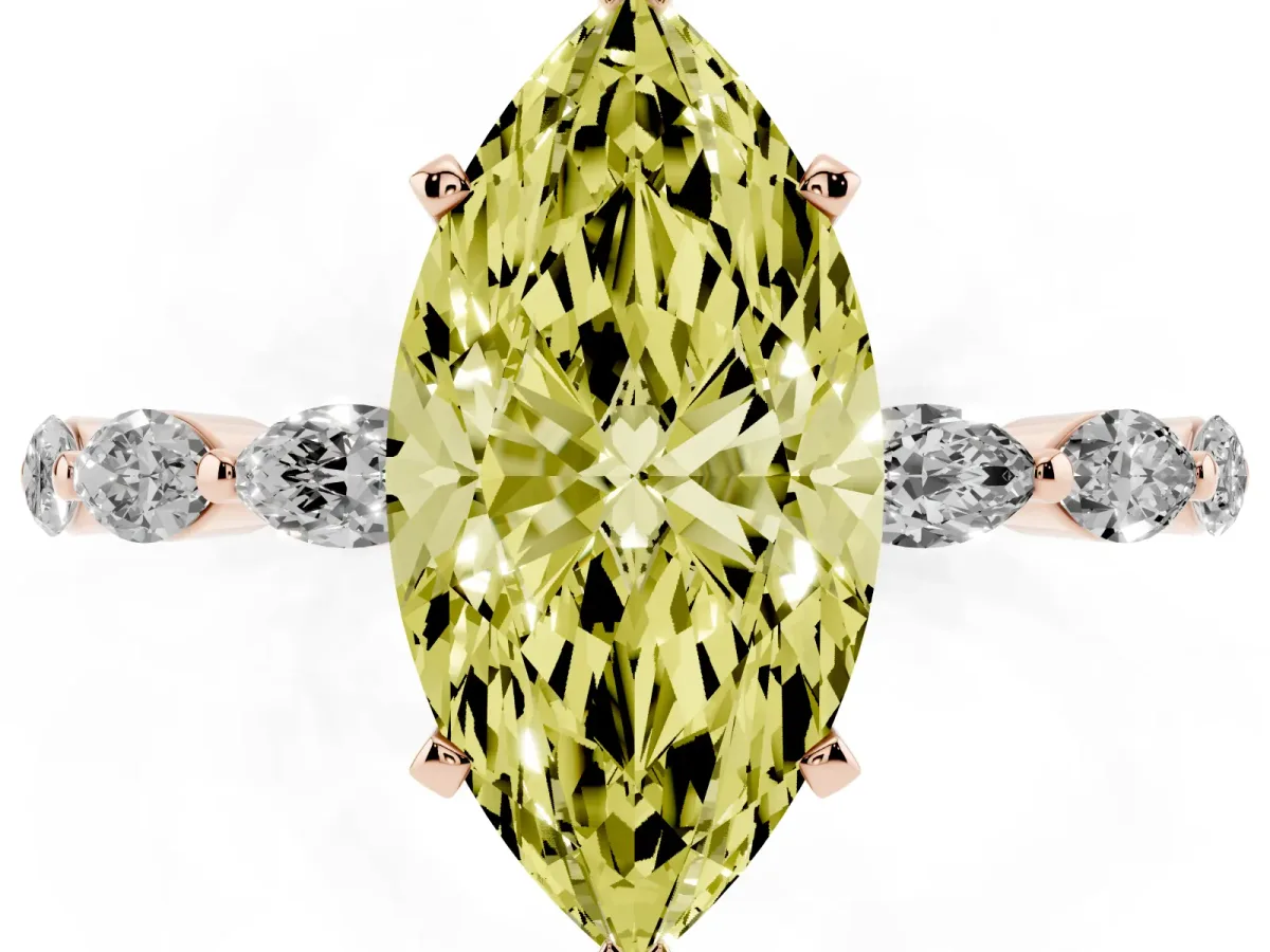 Fancy Yellow Marquise Cut Diamond Ring with Marquise Side Stones and Prong Setting Rose gold