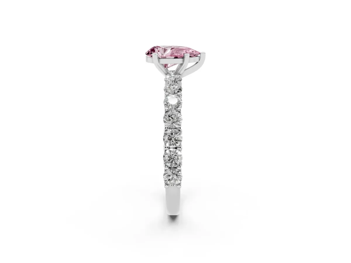 Fancy Pink Pear Cut Diamond Solitaire Ring with Shared Prong Pavé Band and Four-Prong Setting Silver