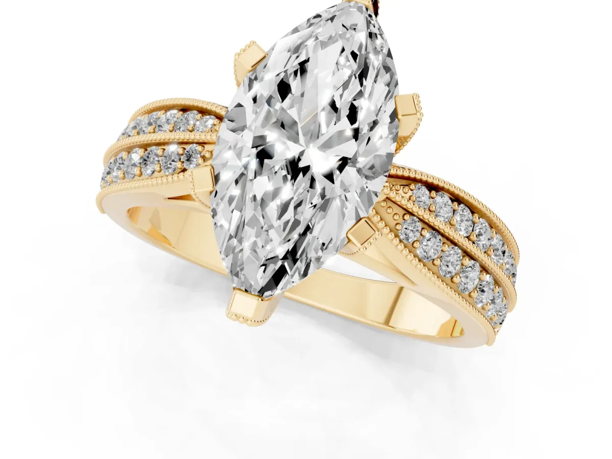 Marquise Cut Diamond Solitaire Ring with Milgrain Round Pavé Band and Prong Setting Yellow gold