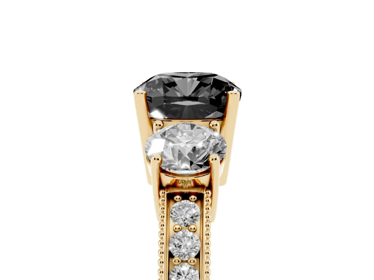 Fancy Black Cushion Cut Three-Stone Diamond Ring with Pavé Band and Four-Prong Setting Yellow gold