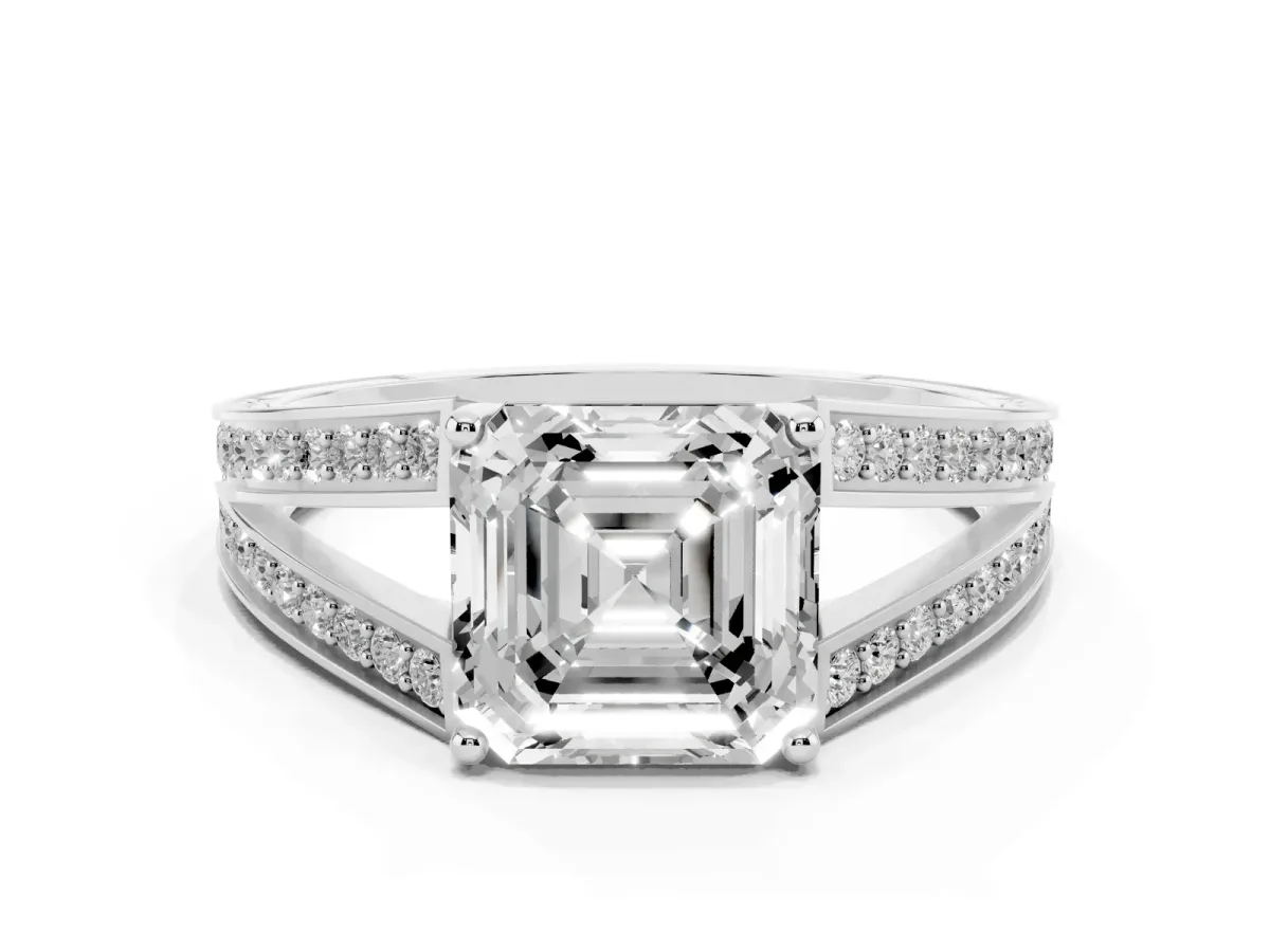 Asscher Cut Diamond Split Shank Ring with Pavé Band and Four-Prong Setting White gold