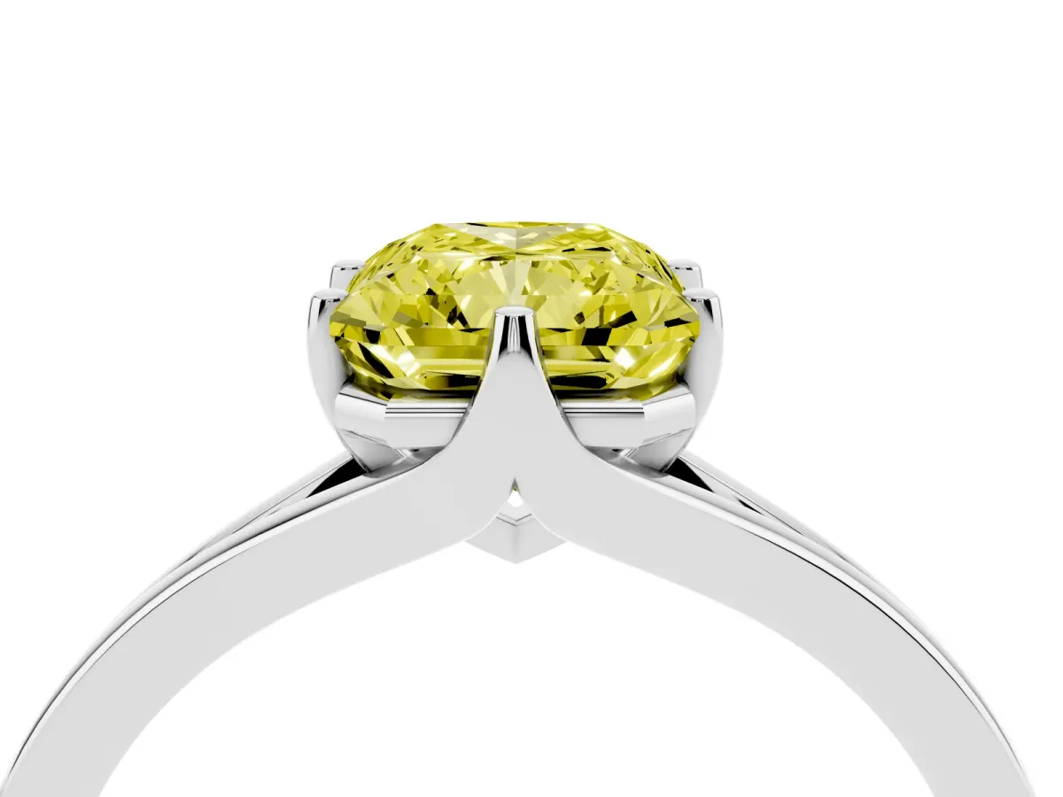 Fancy Yellow Radiant Cut Solitaire Diamond Ring with Six-Prong Setting and Tapered Band Platinum
