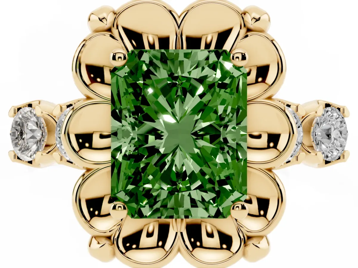Fancy Green Radiant Cut Cut Diamond Floral Halo Engagement Ring with Shared Prong Setting Yellow gold