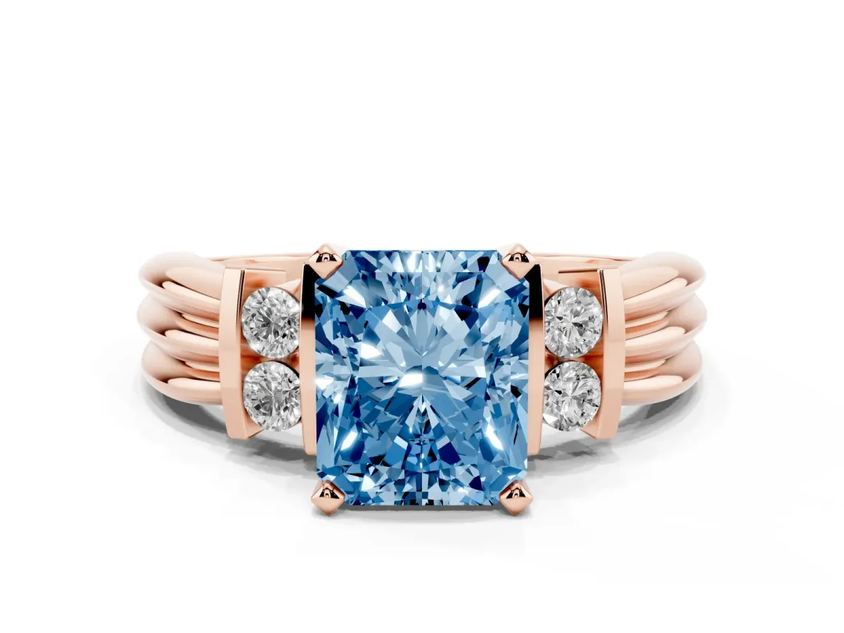 Fancy Blue Radiant Cut Cut Three-Stone Channel Set Ring with Bar Prongs Rose gold