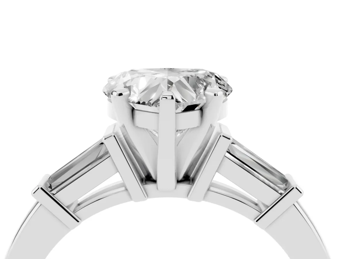 Heart Cut Cut Diamond Solitaire Ring with Tapered Baguette Accents and Four-Prong Setting White gold